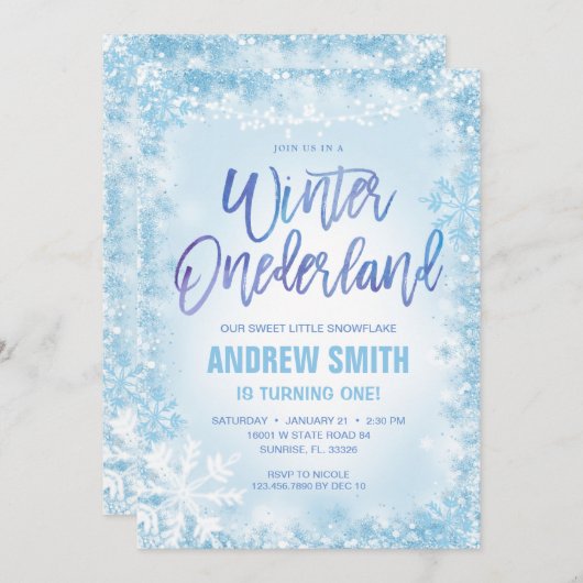 ブルースノーフレークスウィンターオネダーランド誕生日 招待状 (正面/裏面)