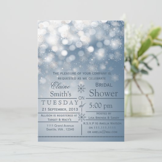 ブルースノーフレークスウィンターブライダルシャワー招待状 招待状 (スタンド正面)