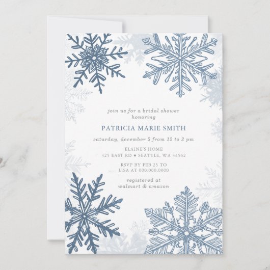 ブルースノーフレークスクリスマスウィンターブライダルシャワー 招待状 (正面)