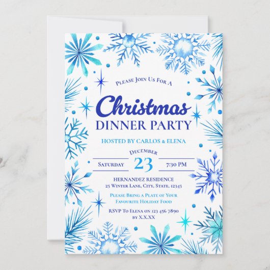 ブルースノーフレークスクリスマスディナーパーティー水彩 招待状 (正面)