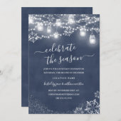 ブルースノーフレークストリングライトレッドクリスマス 招待状 (正面/裏面)