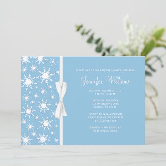 ブルースノーフレークスホワイトボウウィンターブライダルシャワー 招待状 (スタンド正面)