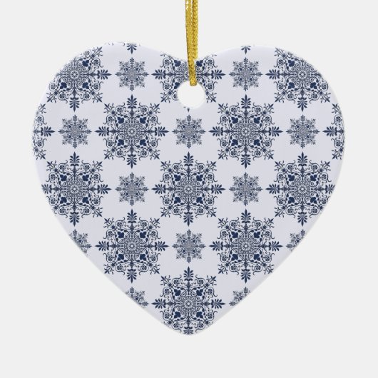 ブルースノーフレークダマスク模様 セラミックオーナメント (正面)