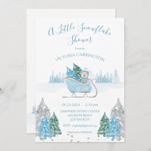 ブルースノーフレークベアベビーシャワー招待状 招待状 (正面/裏面)