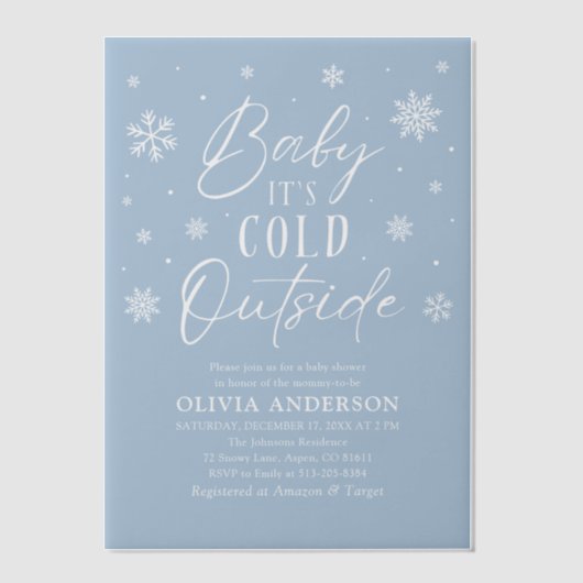 ブルースノーフレークベビーベビーシャワー外は寒い ベラム紙招待状 (正面)