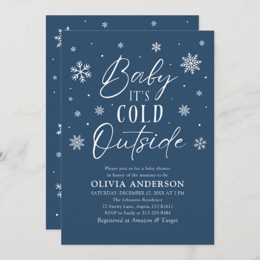 ブルースノーフレークベビーベビーシャワー外は寒い 招待状 (正面/裏面)