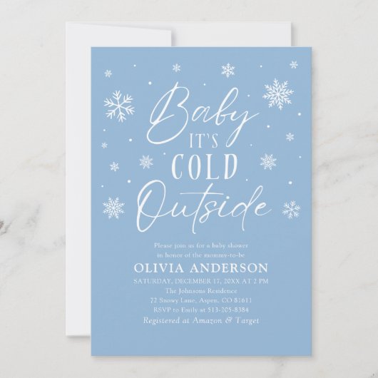ブルースノーフレークベビーベビーシャワー外は寒い 招待状 (正面)
