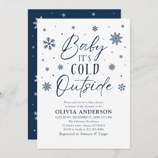 ブルースノーフレークベビーベビーシャワー外は寒い 招待状 (正面/裏面)