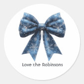 ブルースノーフレークボウクリスマスホリデー ラウンドシール (正面)