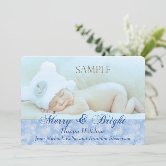 ブルースノーフレークメリーと明るいテンプレートクリスマス シーズンカード (スタンド正面)