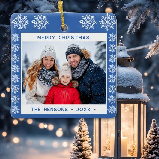 ブルースノーフレークメリークリスマスファミリーフォト セラミックオーナメント