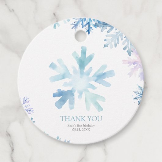 ブルースノーフレークラウンドメッセージカードファースト誕生日 フェイバータグ (正面)