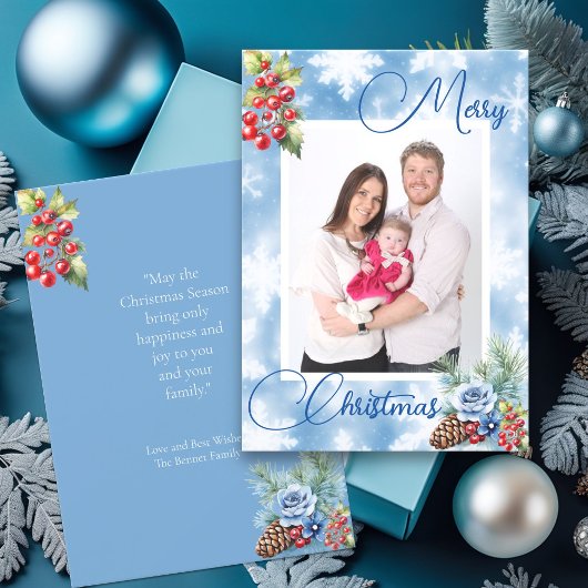 ブルースノーフレークレッドベリークリスマスグリーティング シーズンカード