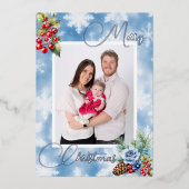 ブルースノーフレークレッドベリークリスマスグリーティング 箔シーズンカード (正面)