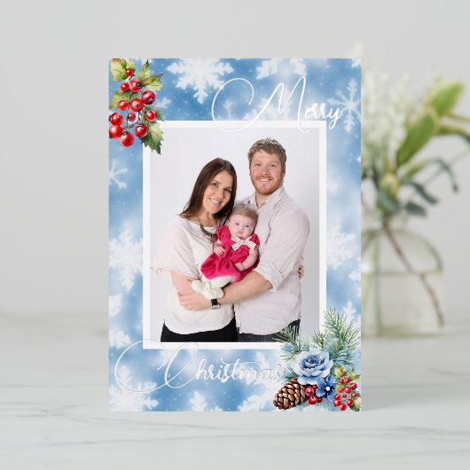 ブルースノーフレークレッドベリークリスマスグリーティング 箔シーズンカード (立ち正面)