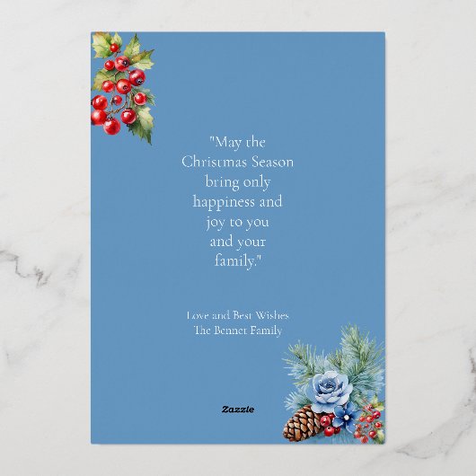 ブルースノーフレークレッドベリークリスマスグリーティング 箔シーズンカード (裏面)