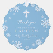 ブルースノーフレーク写真冬バプテスマありがとう オーナメントカード (裏面)