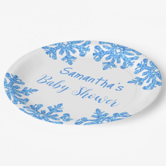 ブルースノーフレーク冬の男の子の赤ちゃんシャワー ペーパープレート (アングル)