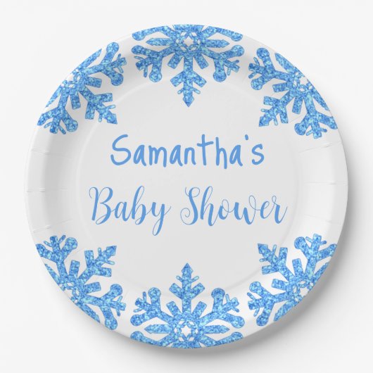 ブルースノーフレーク冬の男の子の赤ちゃんシャワー ペーパープレート (正面)
