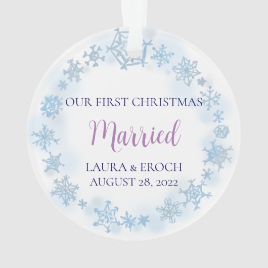 ブルースノーフレーク初めてのクリスマス結婚した写真 オーナメント (裏面)