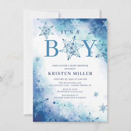 ブルースノーフレーク男の子の冬の赤ちゃんシャワー 招待状 (正面)