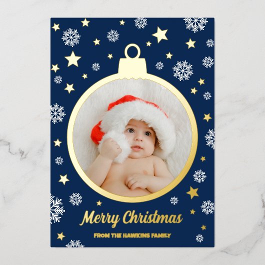 ブルースノーフレーク & ゴールドスター メリークリスマス オーナメント 箔シーズンカード (正面)