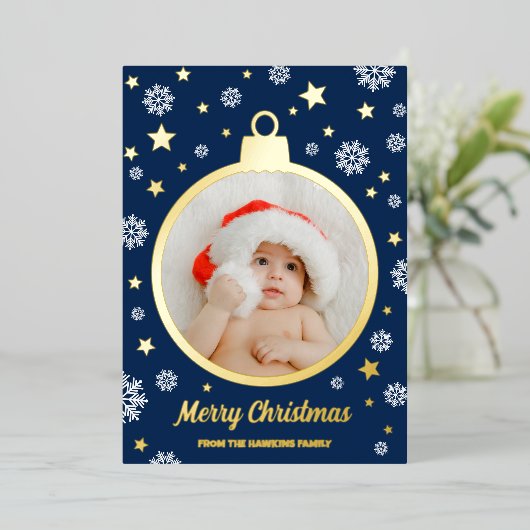 ブルースノーフレーク & ゴールドスター メリークリスマス オーナメント 箔シーズンカード (立ち正面)