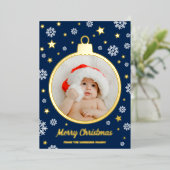 ブルースノーフレーク&金ゴールドスターズメリークリスマスボードブル 箔シーズンカード (立ち正面)