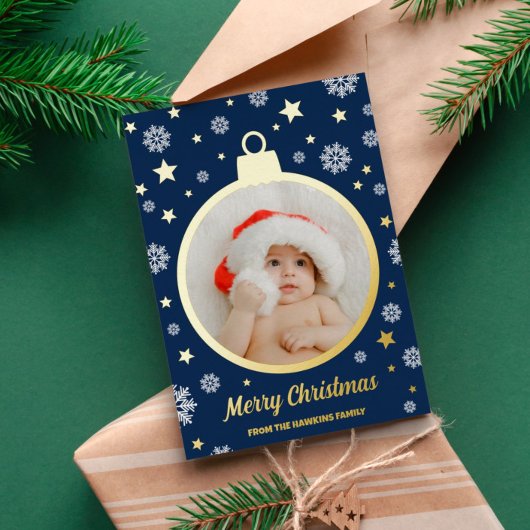 ブルースノーフレーク&金ゴールドスターズメリークリスマスボードブル 箔シーズンカード