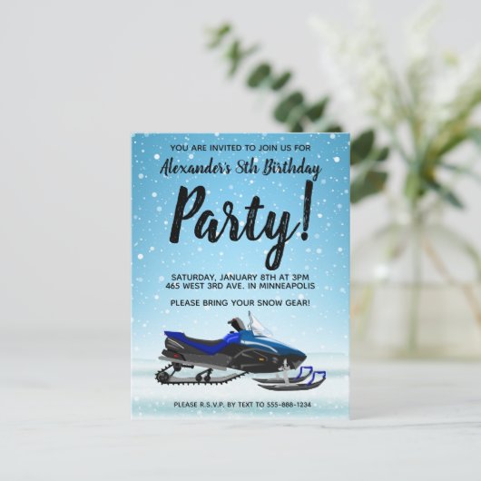 ブルースノーモービル冬の誕生日パーティーはがき ポストカード (スタンド正面)