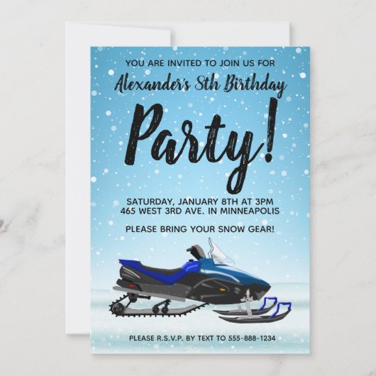ブルースノーモービル冬の誕生日パーティーへの招待 招待状 (正面)