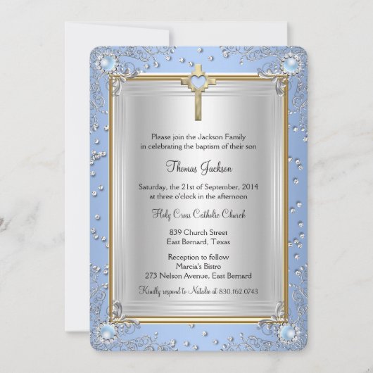 ブルースパークルジュエルバプテスマ《キリスト教》洗礼式や命名式金ゴールド2 招待状 (正面)