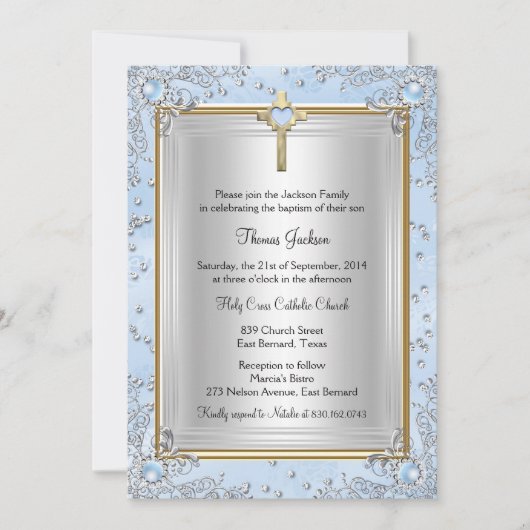 ブルースパークルジュエルバプテスマ《キリスト教》洗礼式や命名式金ゴールド 招待状 (正面)