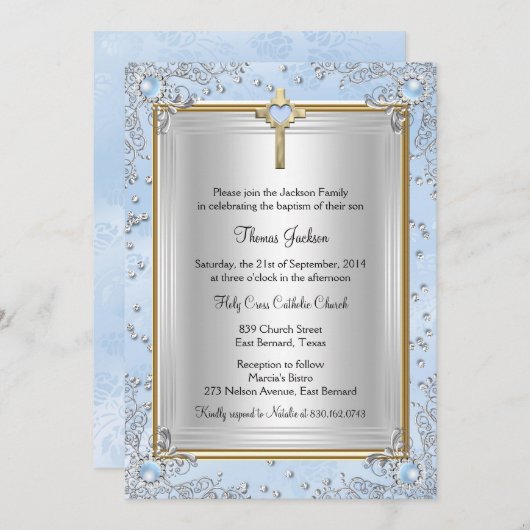 ブルースパークルジュエルバプテスマ《キリスト教》洗礼式や命名式金ゴールド 招待状 (正面/裏面)