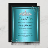 ブルースパークルティアラスウィート16誕生日招待状 招待状 (正面/裏面)