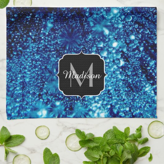 ブルースパークル抽象芸術凍っていバブルMonogram キッチンタオル (折り畳み)