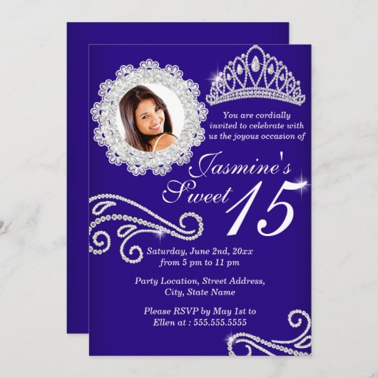 ブルースパークル王室のダイヤモンドティアラ写真キンセアニェラ 招待状 (正面/裏面)