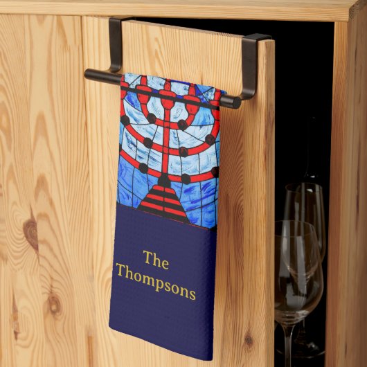 ブルースパーソナライズされたレッズイエローハヌカー キッチンタオル (三つ折り)