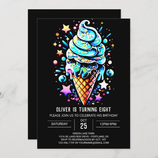 ブルースプレッセルボーイエレガントアイスクリーム誕生日 招待状 (正面/裏面)