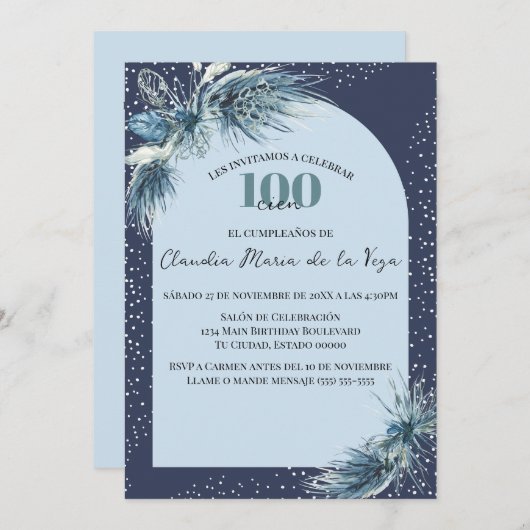 ブルースペインのウィンター花模様100thバースデーパーティー 招待状 (正面/裏面)