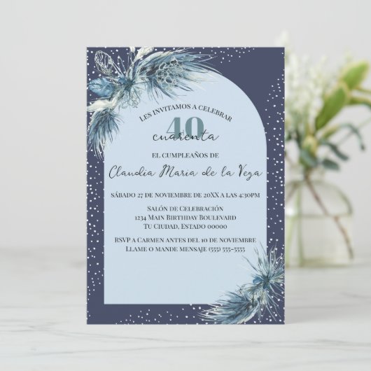 ブルースペインのウィンター花模様40th誕生日パーティー 招待状 (スタンド正面)