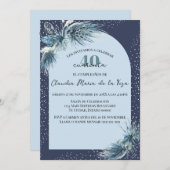 ブルースペインのウィンター花模様40th誕生日パーティー 招待状 (正面/裏面)