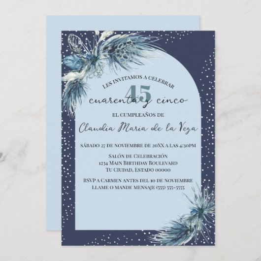 ブルースペインのウィンター花模様45thバースデーパーティー 招待状 (正面/裏面)