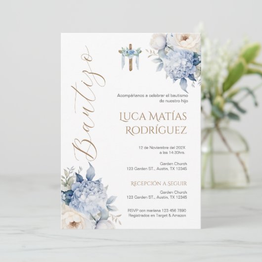ブルースペインのフローラボーイバプテスマ招待状 招待状 (スタンド正面)