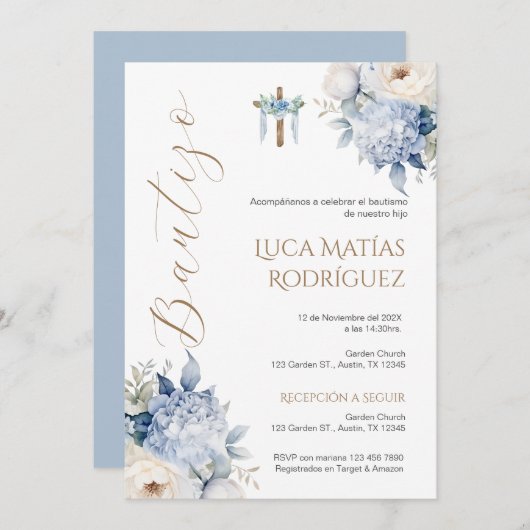 ブルースペインのフローラボーイバプテスマ招待状 招待状 (正面/裏面)