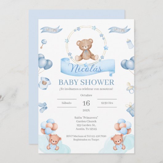 ブルースペインのベア赤ちゃんシャワー招待状 招待状 (正面/裏面)