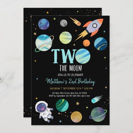 ブルースペースアウタースペースツザムーン誕生日 招待状 (正面/裏面)