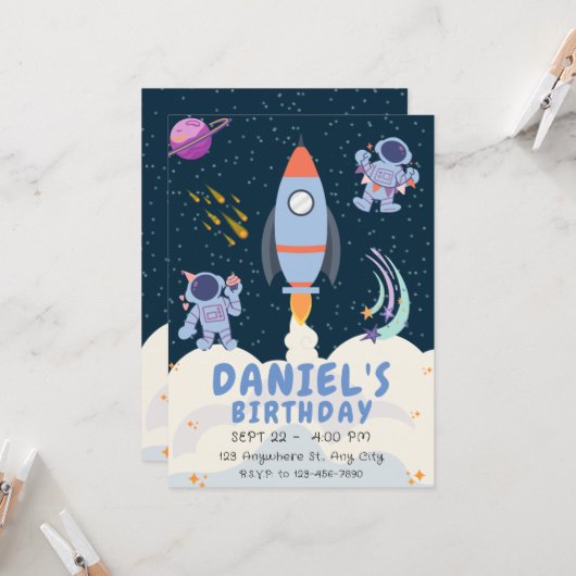 ブルースペース＆ロケットの誕生日 招待状 (正面/裏面インサイチュ)