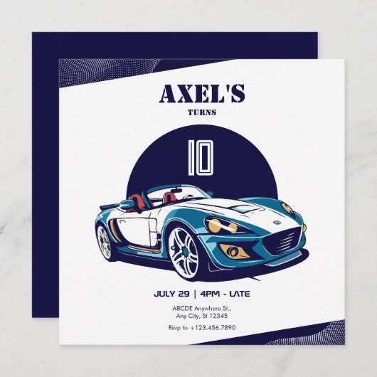 ブルースポーツカーの誕生日 招待状 (正面/裏面)