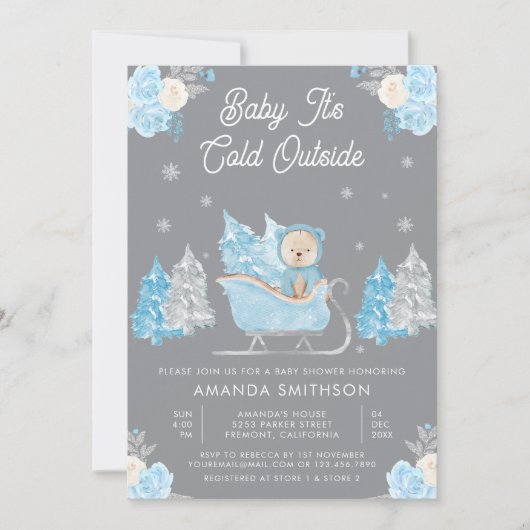 ブルースリーかわいいテディベアグレーベビーシャワー 招待状 (正面)